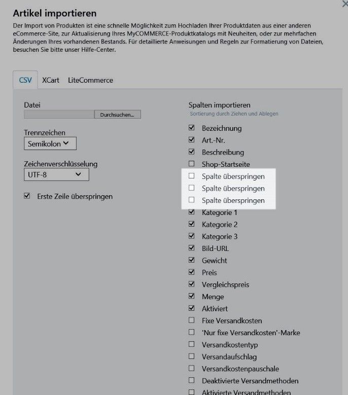 Spalten ueberspringen CSV