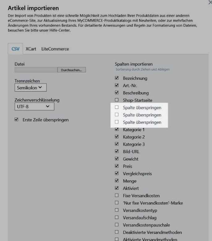 Spalten ueberspringen CSV