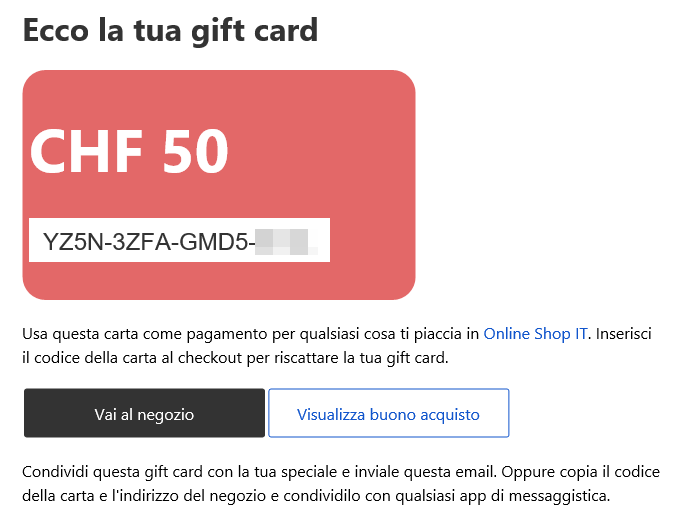 Vista della carta regalo