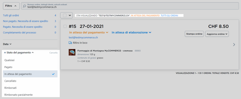 visualizzare ordini tramite indirizzo e-mail e stato di pagamento