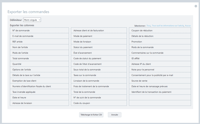 Exporter les commandes