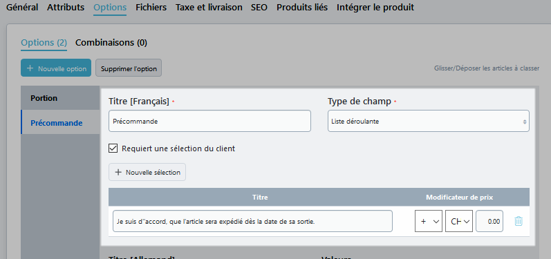 Précommande dans les options