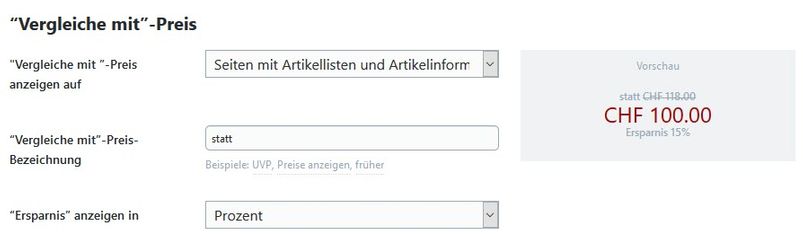 Vergleichspreis Einstellungen