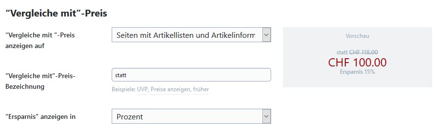 Vergleichspreis Einstellungen