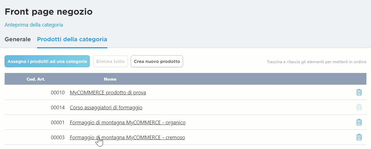 modificare l'ordine dei prodotti