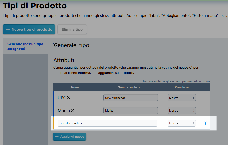 aggiungere un tipo di prodotto per creare un nuovo filtro