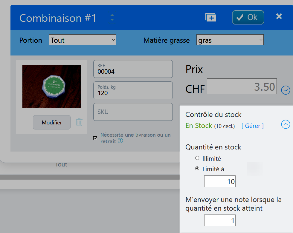 Quantité en stock combinaison