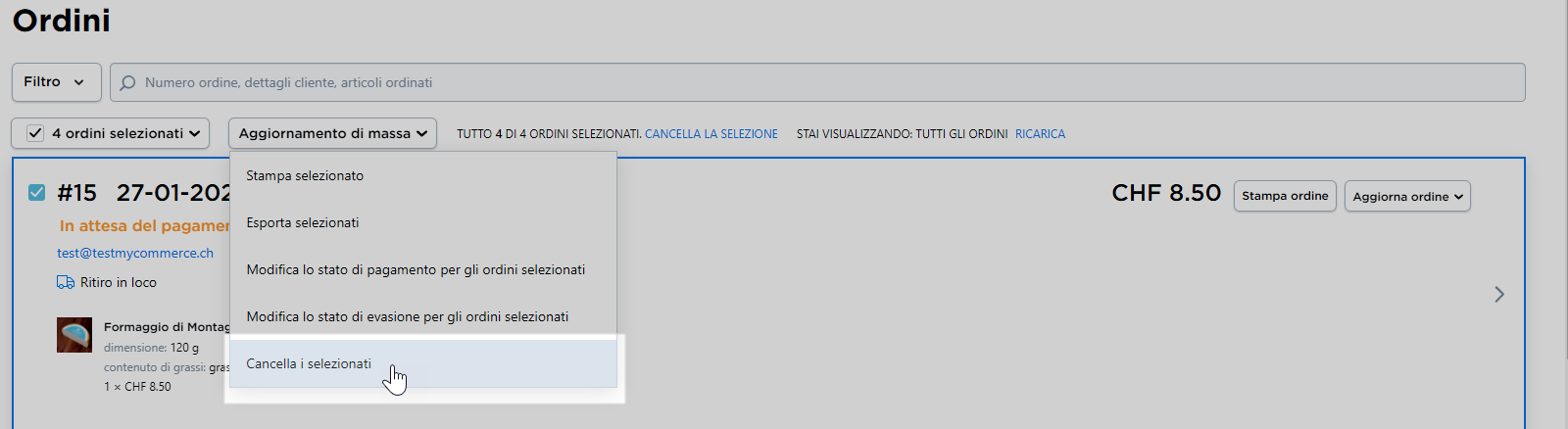 cancellare ordini selezionati