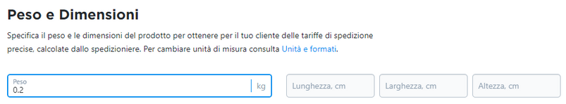 peso e dimensioni di un prodotto