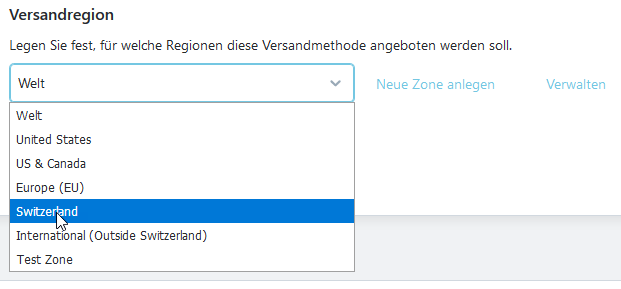 Versandregion auswaehlen