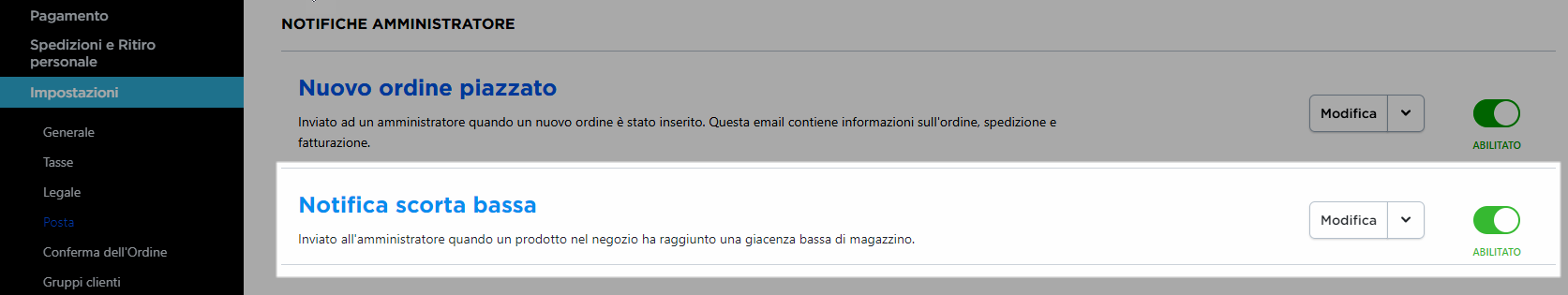 modificare testo notifica scorta bassa