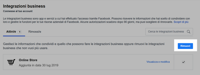 rimuovere integrazione business