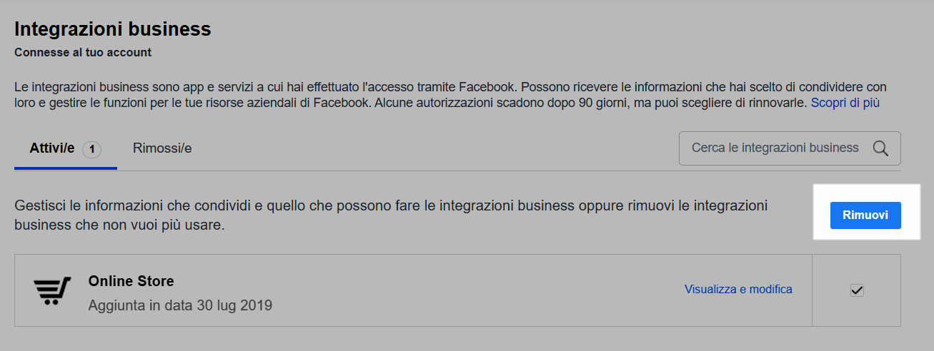 rimuovere integrazione business