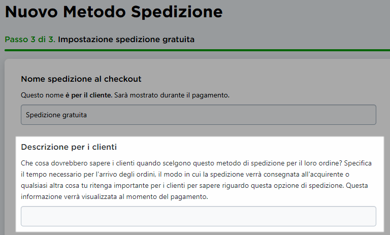 descrizione per i clienti - metodo spedizione gratuita