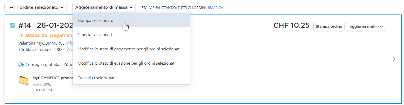 stampare ordini selezionati