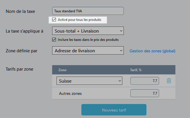 Taux standard TVA pour tous les produits