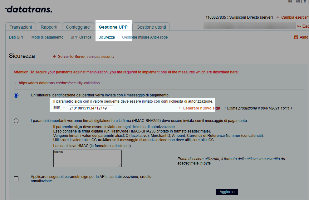 sign in di sicurezza datatrans