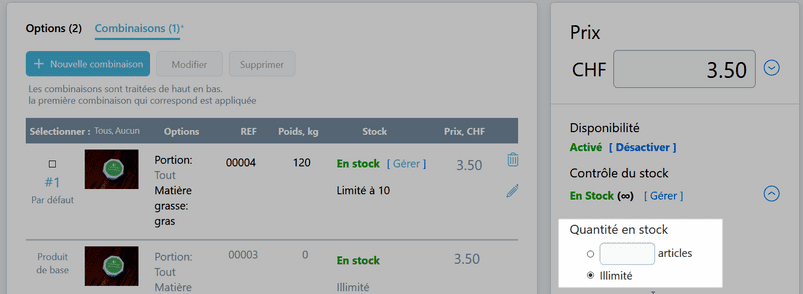 Quantité en stock produit de base