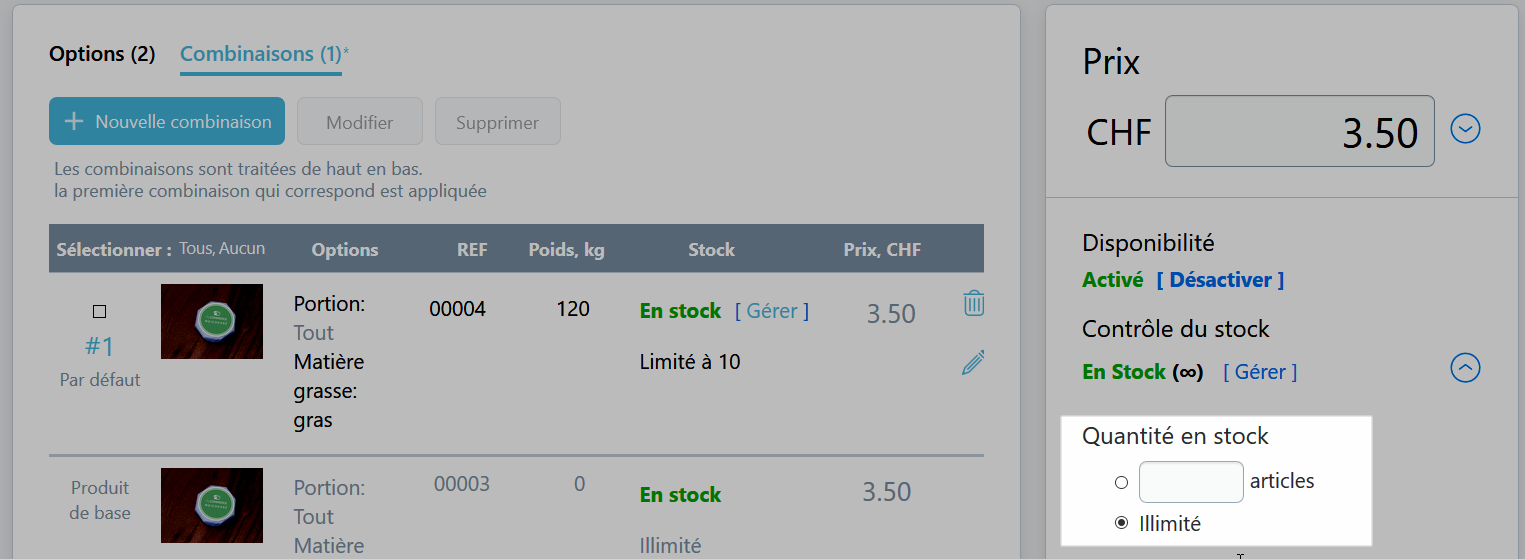 Quantité en stock produit de base