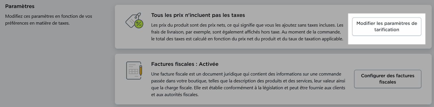 modifier les parametres de tarification