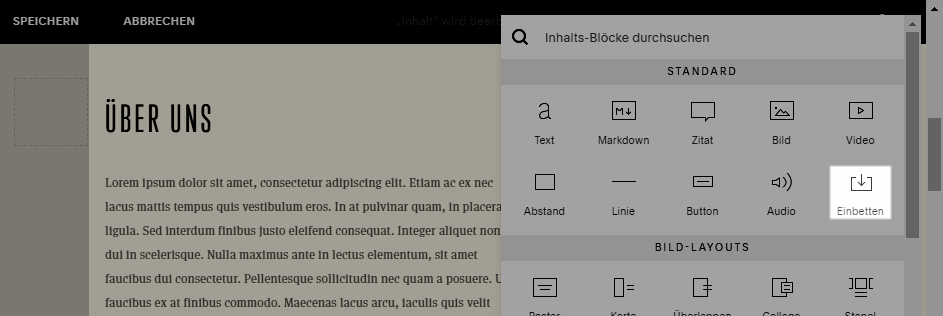 Einbettungsblock auswählen