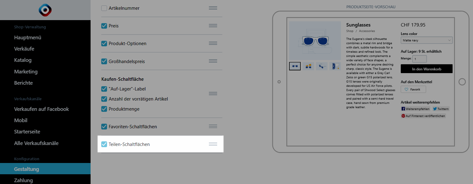 Share Buttons im Abschnitt Sidebar aktivieren