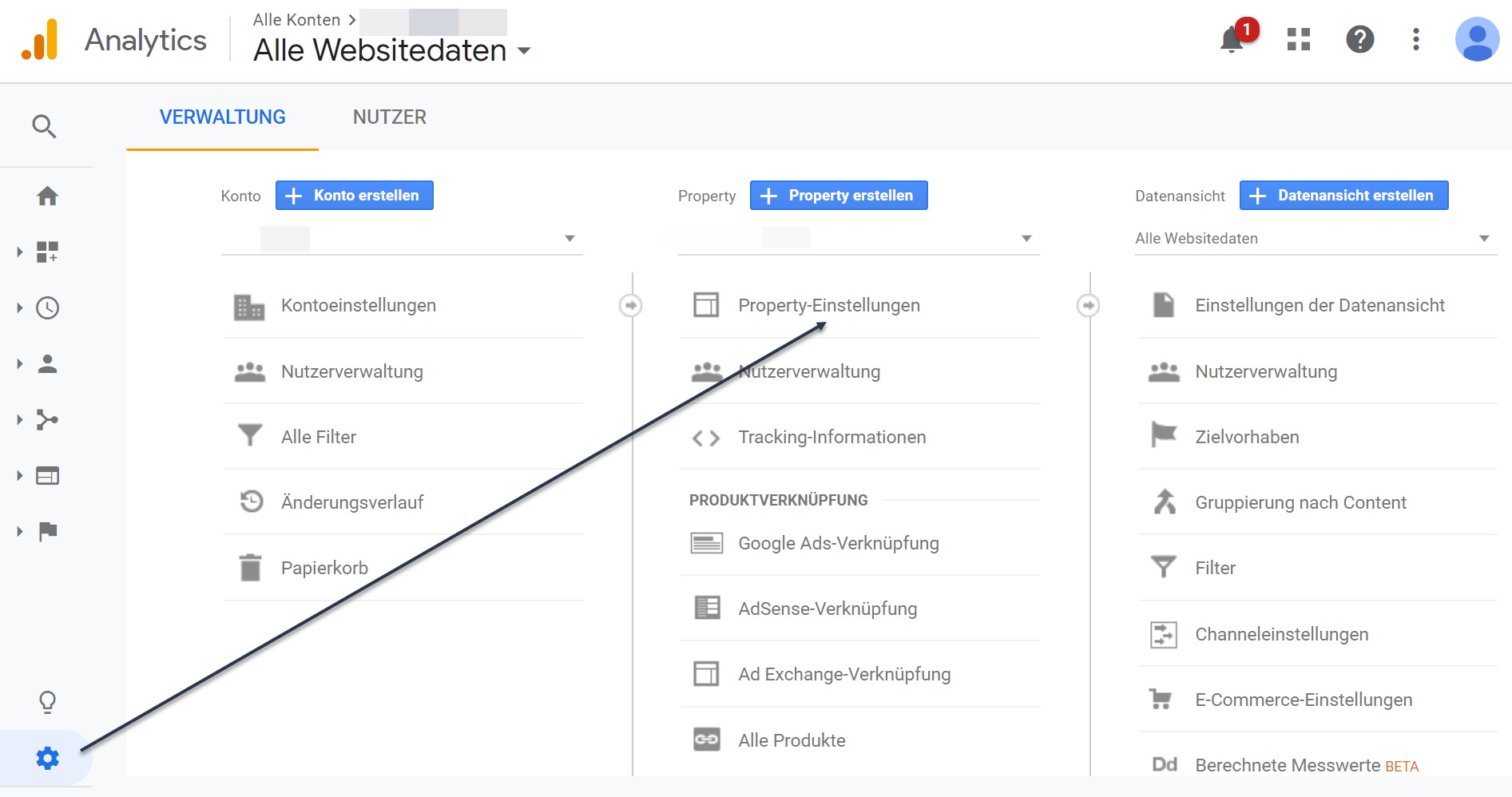 Selezione delle impostazioni della proprietà nell’account Google Analytics