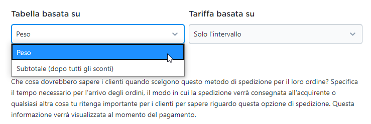 spedizione basato su peso o subtotale