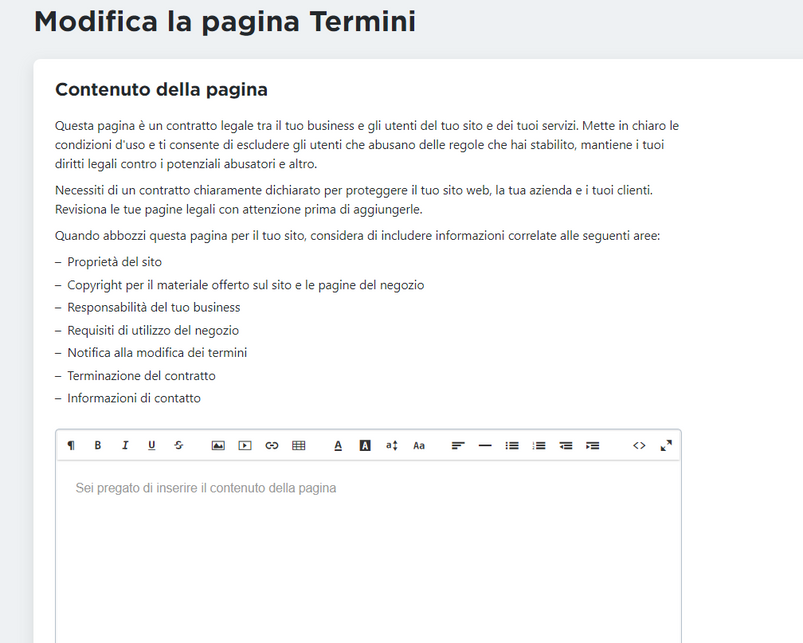 Aggiungere contenuto per condizioni generali di contratto