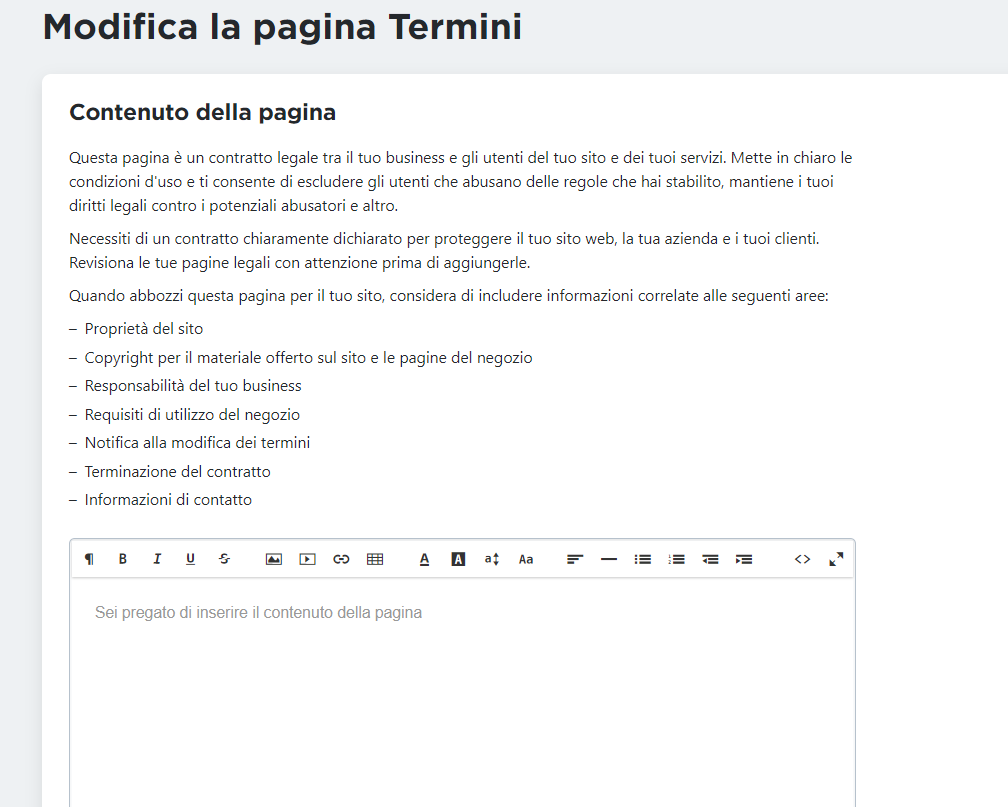 Aggiungere contenuto per condizioni generali di contratto