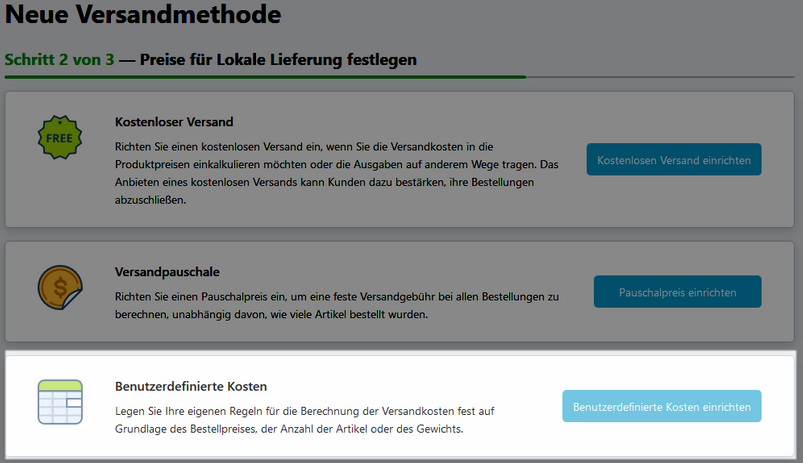 Versand - benutzerdefinierte Kosten