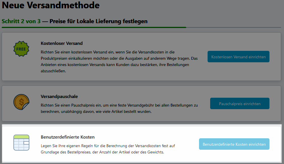 Versand - benutzerdefinierte Kosten