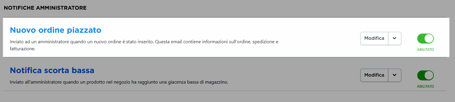 attivare le notifiche amminstratore