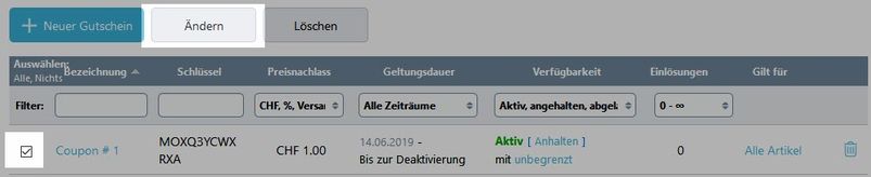 Gutscheincode bearbeiten