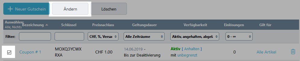 Gutscheincode bearbeiten