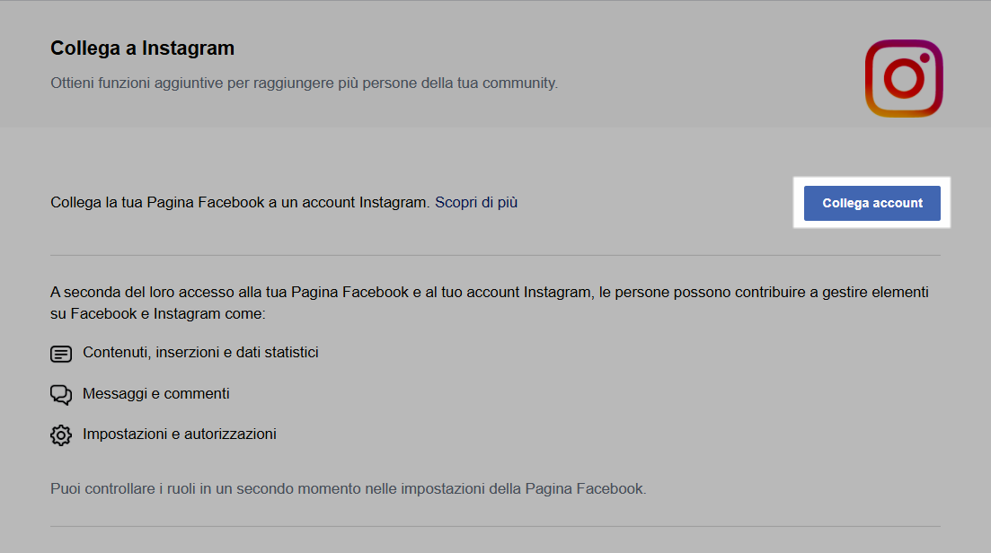 collegare account Instagram su Facebook