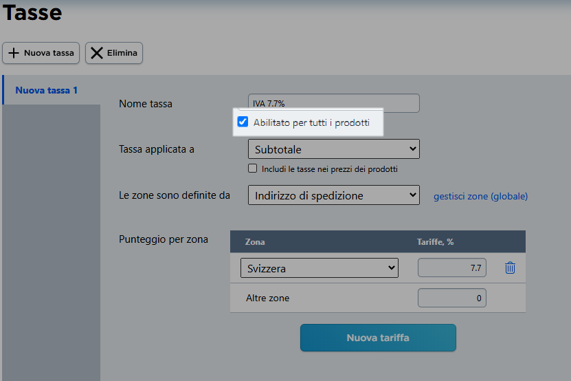 abilitare una tassa per tutti i prodotti