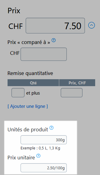 Définir les valeurs pour le Prix par unité et les produits