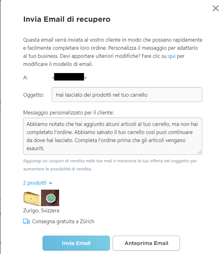 inviare e-mail di recupero