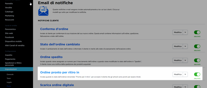 modificare notifica - ordine pronto per il ritiro