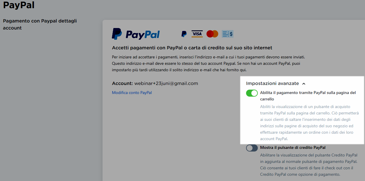 abilita bottone pagamento paypal nel carrello