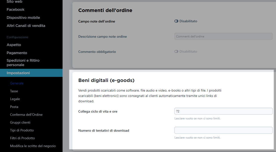 impostazioni carrello beni digitali