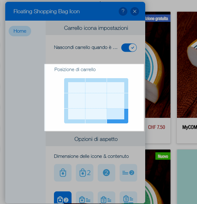 posizionare icona carrello
