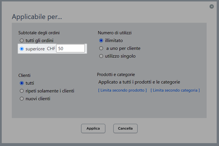limite subtotale degli ordini per un buono sconto