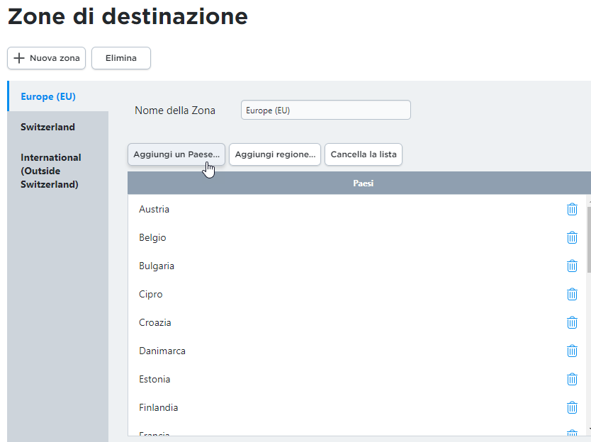 aggiungere zone di destinazione