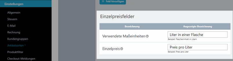 Einzelpreisfelder