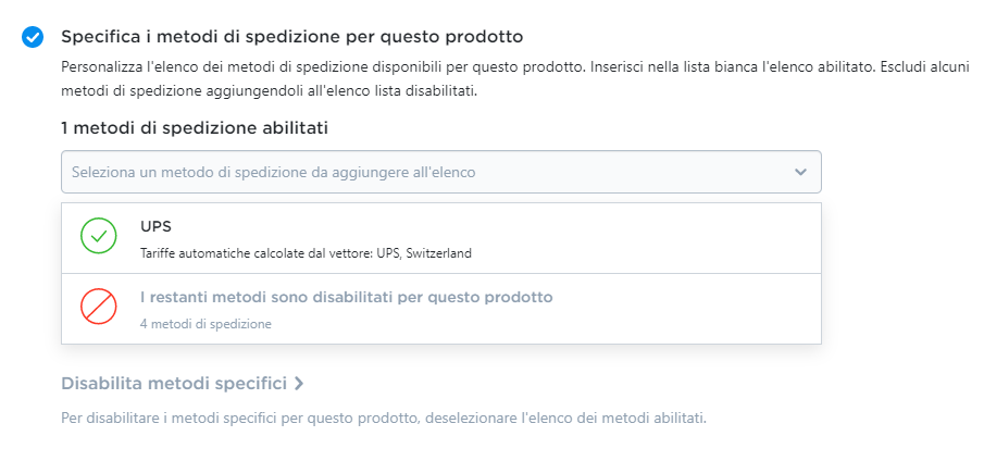 abilitare metodi di spedizione per un prodotto specifico