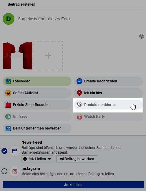 facebook beitrag produkt markieren