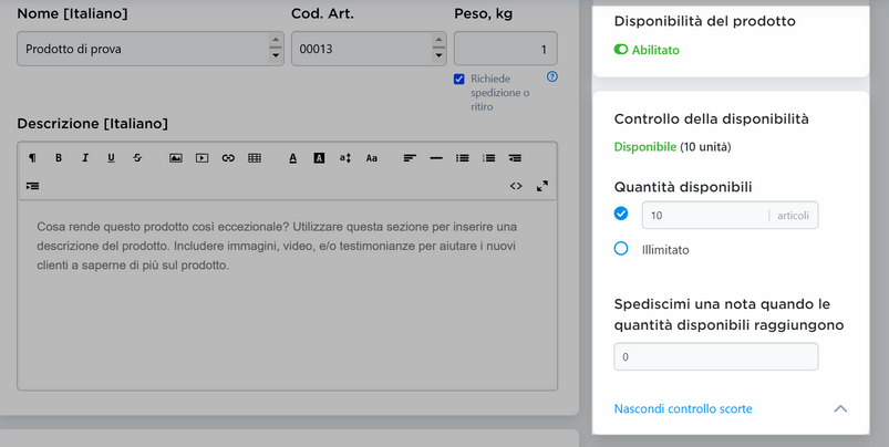 specificare il numero di prodotti e impostare le notifiche di scorte 