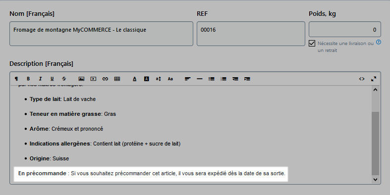 Précommande note dans la description de produit